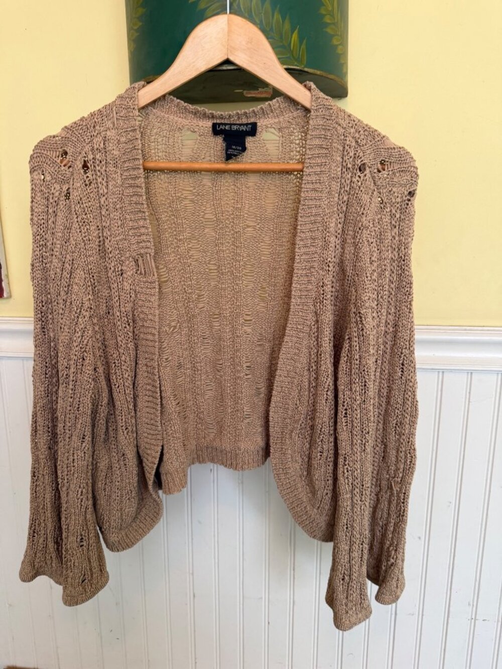 Lane Bryant Tan Open-Knit Cropped Cardigan Size 18/20 Cotton Blend Long Sleeves